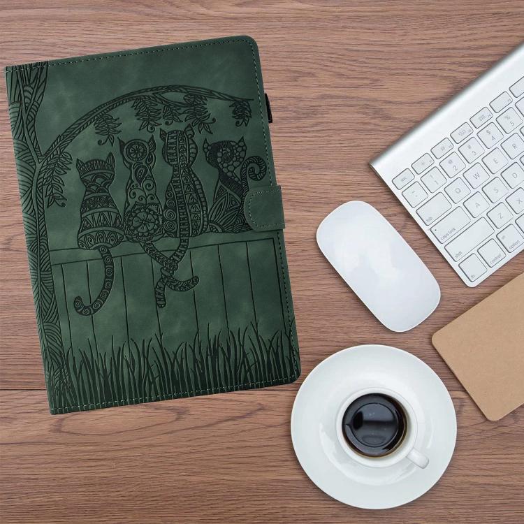 Funda de piel con relieve de gato para Samsung Galaxy Tab S10 FE+ (verde)