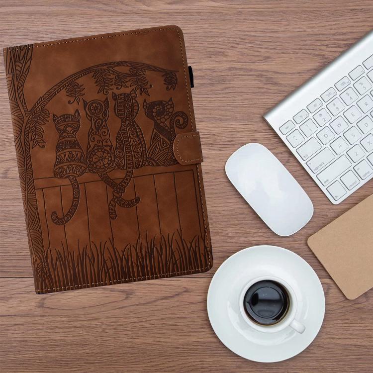 Funda de cuero con relieve de gatos para Samsung Galaxy Tab S10 FE+ (marrón)
