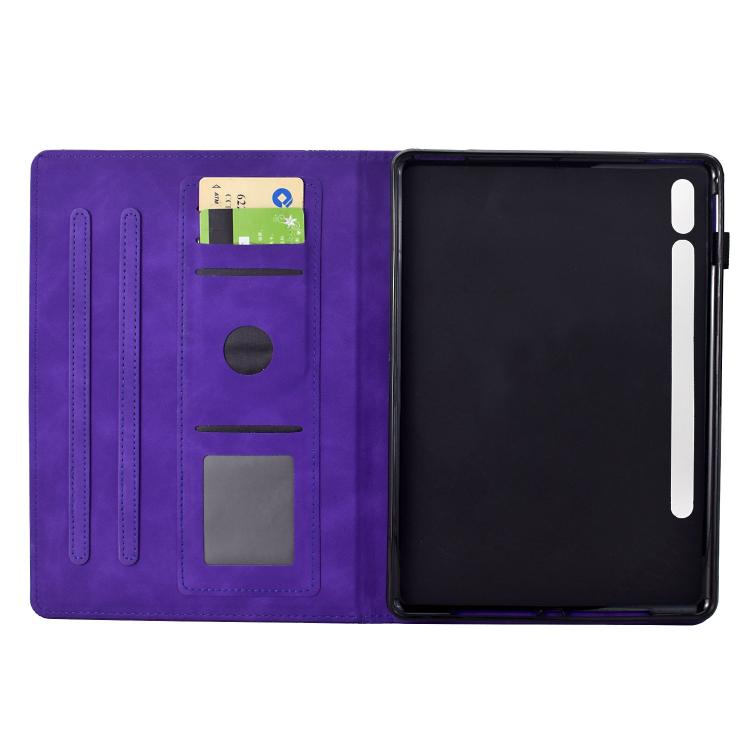 Funda de piel con relieve de gatos para Samsung Galaxy Tab S10 FE+ (morada)