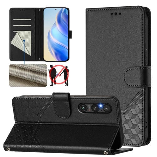 Funda de Cuero Rfid con Relieve en Panal para Sony Xperia 1 V (2023) (Negra)