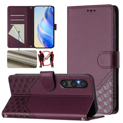 Funda de Cuero Rfid con Relieve en Panal para Sony Xperia 1 V (2023) (Violeta)