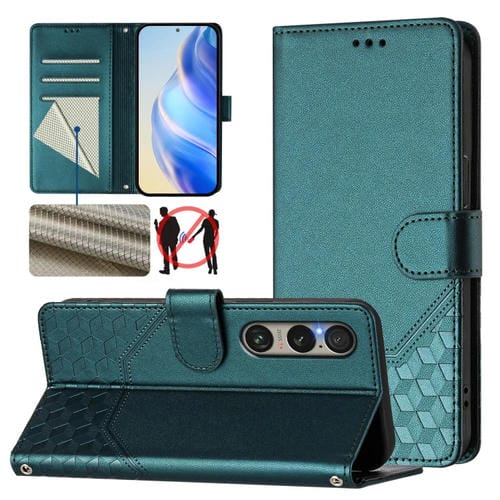 Funda de Cuero Rfid con Relieve en Panal para Sony Xperia 1 Vi (2024) (Verde Pavo Real)