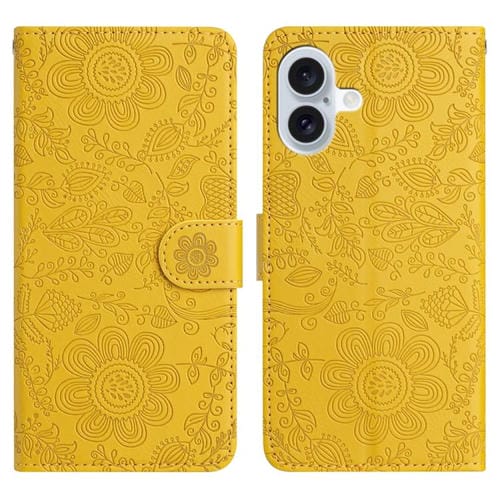 Funda de cuero con estampado floral en relieve para iPhone 17 (amarilla)