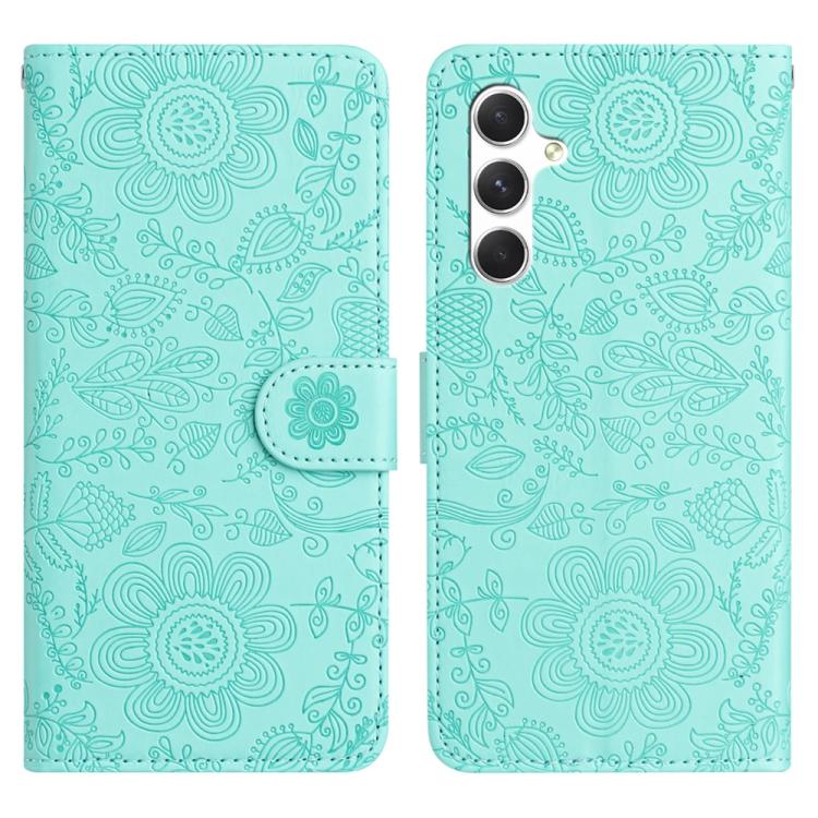 Funda de cuero con estampado floral en relieve para Samsung Galaxy S25 FE 5G (verde claro)