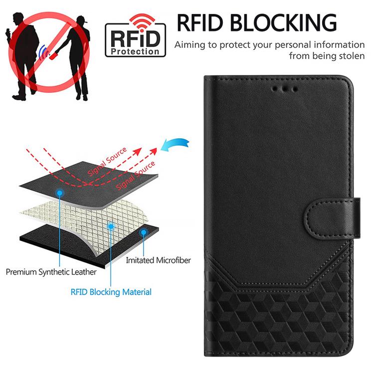 Funda de cuero con relieve de panal RFID para TCL 605/60 SE (negra)
