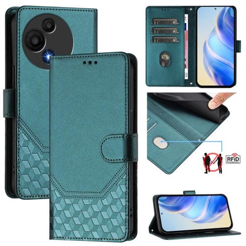Funda de cuero RFID con relieve de panal para TCL 605/60 SE (verde pavo real)