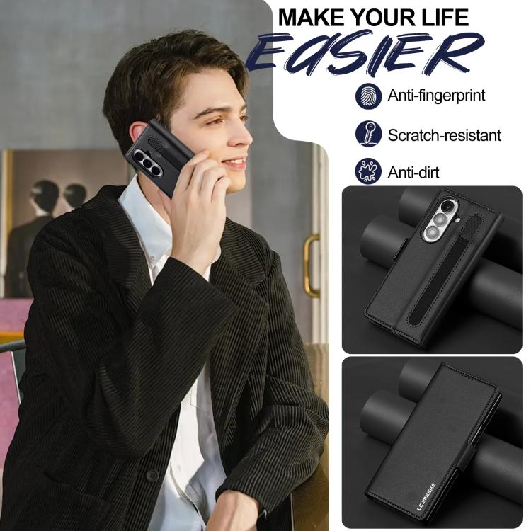 Funda de PU con textura fina esmerilada para Samsung Galaxy Z Fold7 5G LC.IMEEKE L1 Series con ranura para bolígrafo (no incluye bolígrafo) (negro)