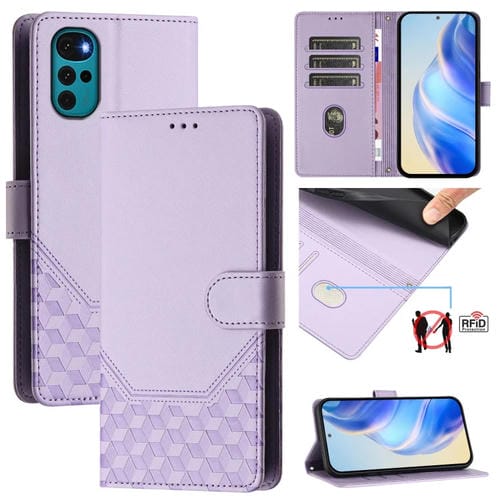 Funda de Cuero Rfid con Relieve en Panal para Motorola Moto E32 India/G22 4G (Morado Claro)