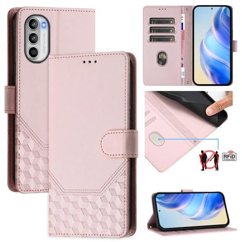 Funda de Cuero RFID con Relieve en Panal para Motorola Moto G52 4G/G82 5G/G71S (Rosa)