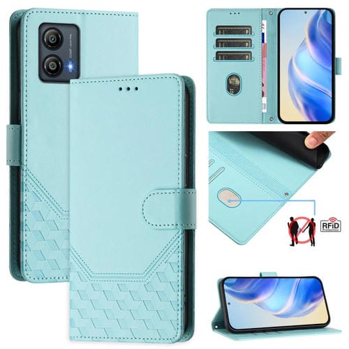 Funda de Cuero RFID con Relieve en Panal para Motorola Moto G53Y 5G/G53J 5G (Verde Menta)