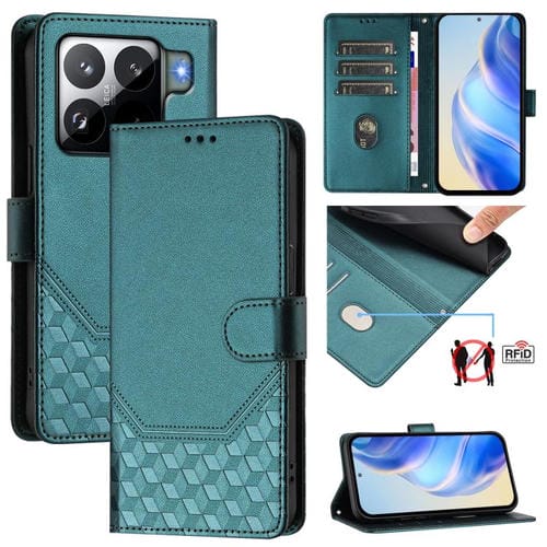 Funda de cuero con relieve de panal RFID para Xiaomi 15S Pro 5G (verde pavo real)
