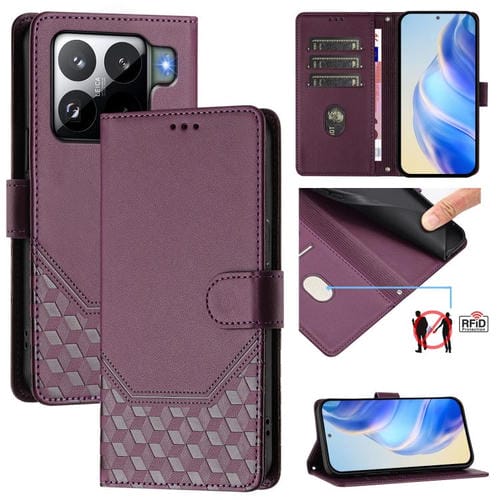 Funda de cuero RFID con relieve de panal para Xiaomi 15S Pro 5G (violeta)