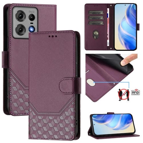 Funda de Cuero Rfid con Relieve en Panal para Motorola Edge 50 Pro (Violeta)