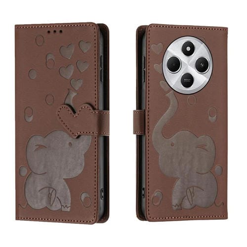 Funda de Cuero con Relieve de Elefante de Dibujos Animados para Redmi A4 5G (Marrón)