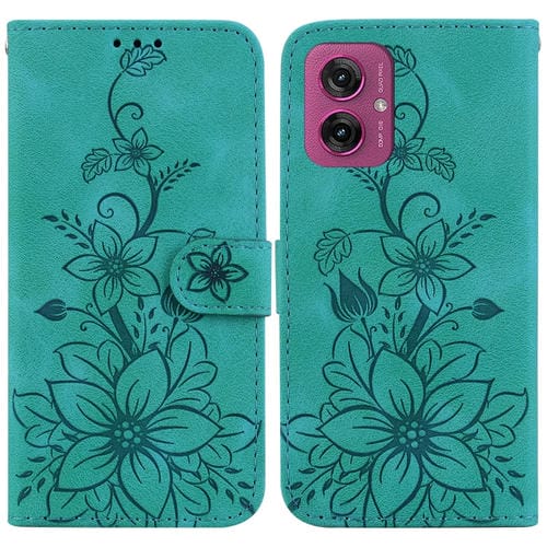 Funda de Cuero con Relieve de Lirio para Motorola Moto G55 (Verde)