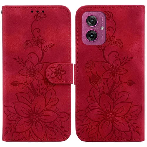 Funda de Cuero con Relieve de Lirio para Motorola Moto G55 (Rojo)