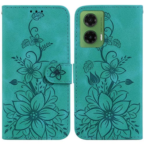 Funda de Cuero con Relieve de Lirio para Motorola Moto G35 (Verde)