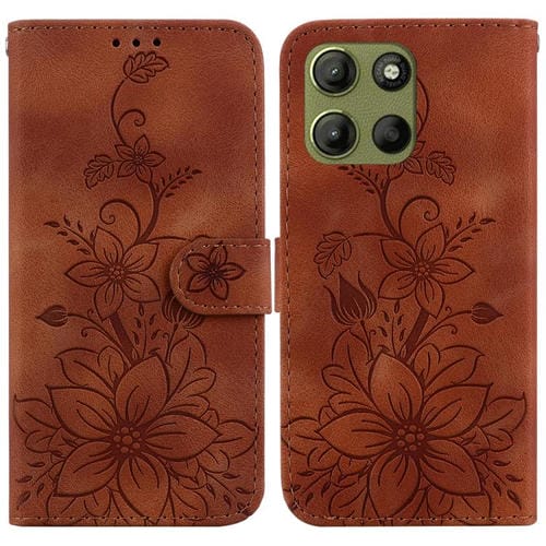 Funda de Cuero con Relieve de Lirios para Motorola Moto G15 (Marrón)