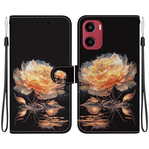 Funda de Cuero Motorola Moto G05/E15 con Dibujo de Colores y Textura de Cristal (Peonía Dorada)