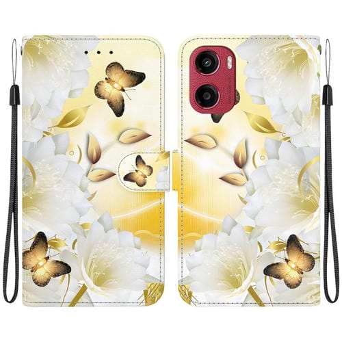 Funda de Cuero para Motorola Moto G05/E15 con Dibujo de Colores y Textura de Cristal (Mariposa Dorada Epiphyllum)