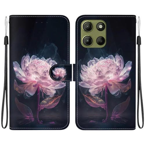 Funda de Cuero Motorola Moto G15 con Dibujo de Colores y Textura de Cristal (Peonía Morada)