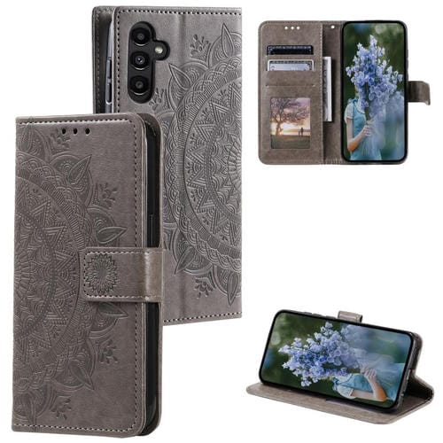 Funda de cuero con relieve de flor tótem y cordón para Samsung Galaxy S25 FE 5G (gris)
