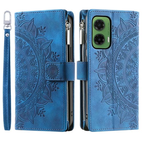 Funda de Cuero para Motorola Moto G35 con Cremallera y Múltiples Tarjetas (Azul)