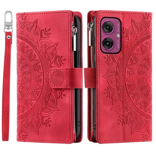 Funda de Cuero con Cremallera y Múltiples Tarjetas para Motorola Moto G55 (Rojo)