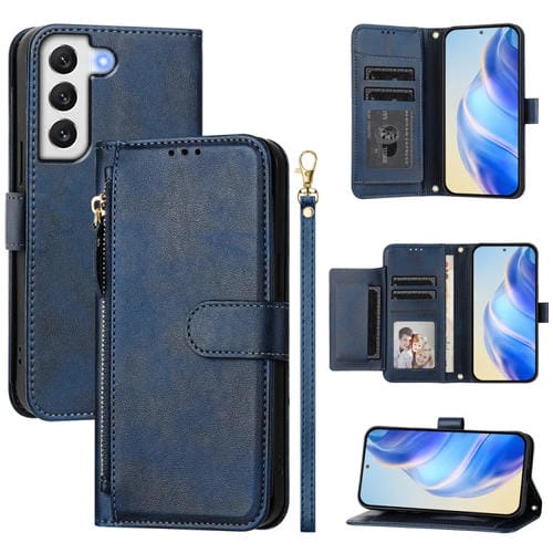 Funda de Cuero Samsung Galaxy S22+ 5G con Cremallera y Ranuras para Tarjetas (Azul)