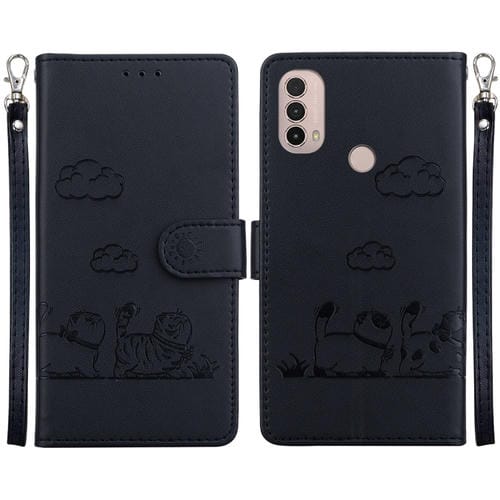 Funda de Cuero Rfid para Motorola Moto E40/E30/E20 con Diseño de Gatos (Negra)