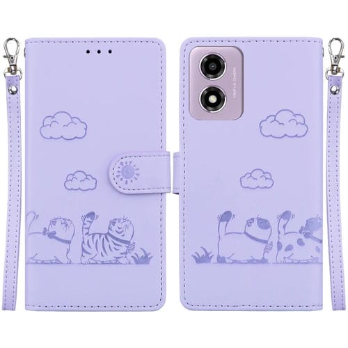 Funda de Cuero Rfid con Diseño de Gatos para Motorola Moto G04S/E14 (Morado)