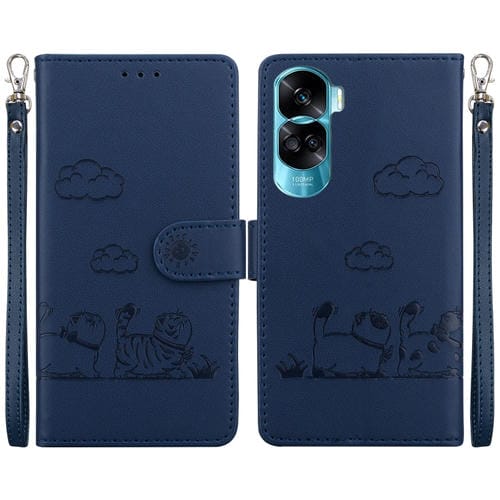 Funda de Cuero Rfid para Honor 90 Lite con Diseño de Gatos (Azul)