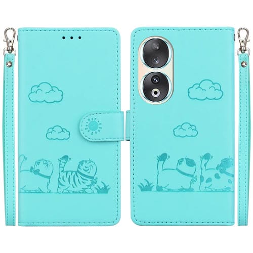 Funda de Cuero Rfid para Honor 90 con Diseño de Gatos (Verde)