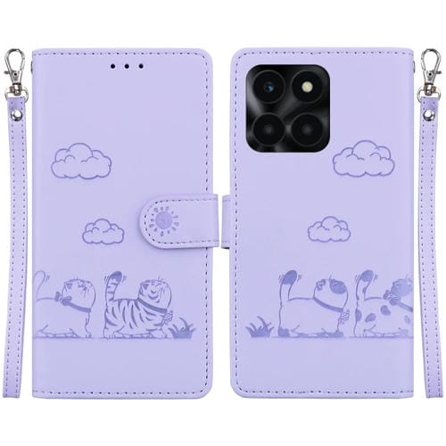 Funda de Cuero Rfid para Honor X6A con Diseño de Gatos (Morado)