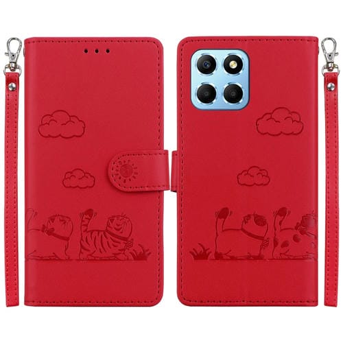 Funda de Cuero Rfid para Honor X8 5G con Diseño de Gatos (Roja)