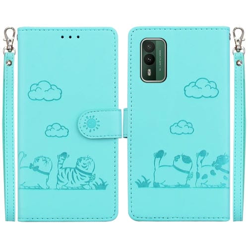 Funda de Cuero Rfid para Nokia Xr21 con Diseño de Gatos (Verde)