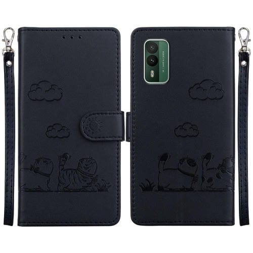 Funda de Cuero Rfid para Nokia Xr21 con Diseño de Gatos (Negra)