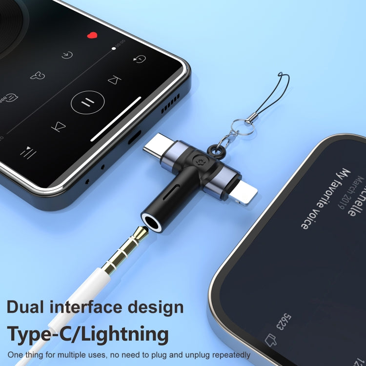 Adaptador de Audio 2 en 1 Tipo C de 8 Pines a 3,5 mm con Gancho (Gris y Negro)