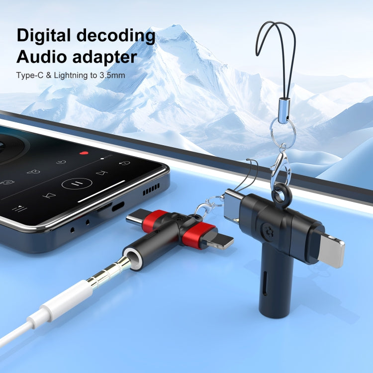 Adaptador de Audio 2 en 1 Tipo C de 8 Pines a 3,5 mm con Gancho (Gris y Negro)