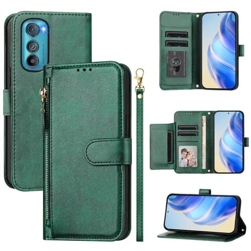 Funda de Cuero para Motorola Edge 30 con Cremallera y Ranuras para Tarjetas (Verde)