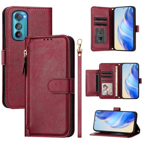 Funda de Cuero con Cremallera y Ranuras para Tarjetas para Motorola Edge 30 (Rojo Oscuro)