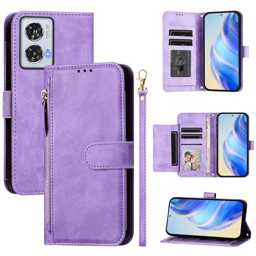 Funda de Cuero con Cremallera y Ranuras para Tarjetas para Motorola Edge 50 Fusion (Morado)