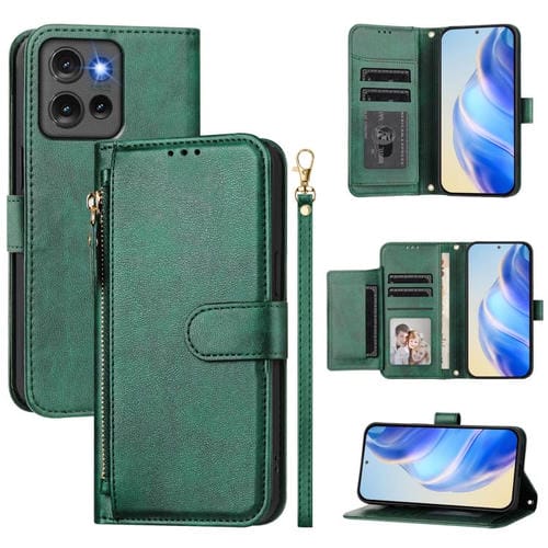 Funda de Cuero para Motorola Edge 50 Global con Cremallera y Ranuras para Tarjetas (Verde)