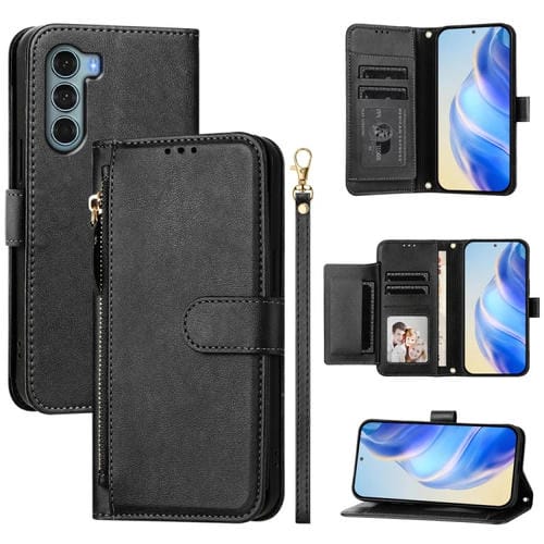 Funda de Cuero con Cremallera y Ranuras para Tarjetas para Motorola Edge S30 y Moto G200 5G (Negro)