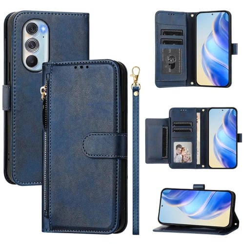 Funda de Cuero con Cremallera y Ranuras para Tarjetas para Motorola Edge X30/Edge 30 Pro (Azul)