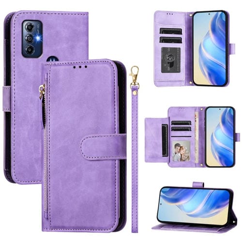 Funda de Cuero con Cremallera y Ranuras para Tarjetas para Motorola G Pure 2021 y Moto G Play 2023 (Morado)