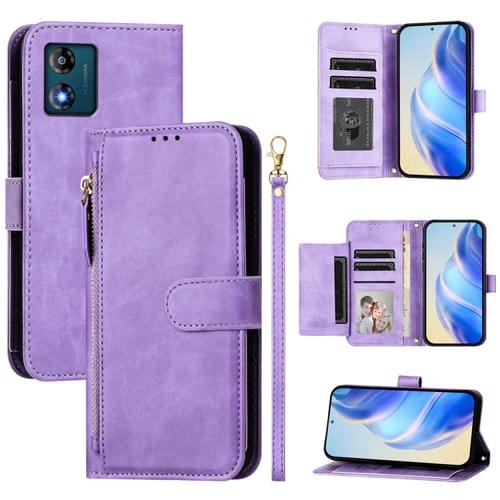 Funda de Cuero con Cremallera y Ranuras para Tarjetas para Motorola Moto E13 4G (2023) (Morado)