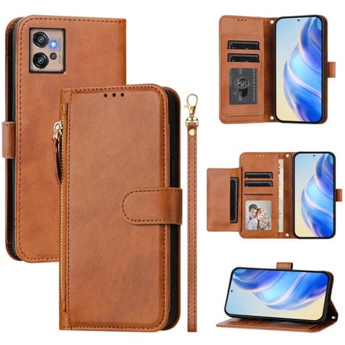 Funda de Cuero con Cremallera y Ranuras para Tarjetas para Motorola Moto G32 (Marrón)