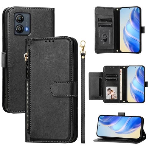 Funda de Cuero con Cremallera y Ranuras para Tarjetas para Motorola Moto G53 5G/G23/G13 (Negro)