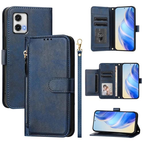 Funda de Cuero con Cremallera y Ranuras para Tarjetas para Motorola Moto G73 (Azul)